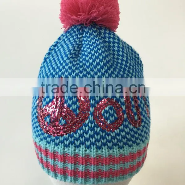 Hot Salling Designer Knitted Hat Sequins Embroidery Hat Emoji Peace Pattern for Teenages and Ladies