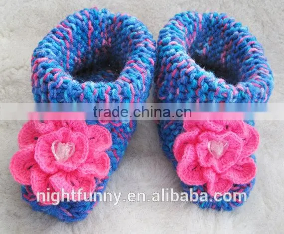 Blue Multi-color Knit Slippers,crochet Beaded Pink Flower,Alaskan Wild Rose,wife Mom Sister Daughter Wife Gift,baby Shoes