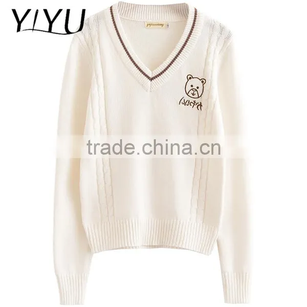 Korea Style Girl White Sweet V-neck High School Uniform Pullover Sweater