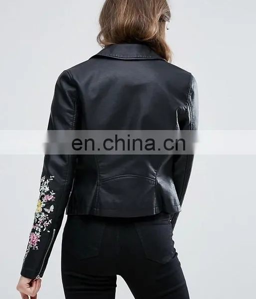 2017 Fahsion Style Custom Woman's PU Leather Waterproof Biker Jacket Plain Bomber Jacket photo-3