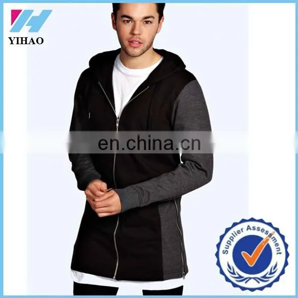 Trade assurance Yihao Men longline panel hoody with side zips hoody new design fashion hoody 2015