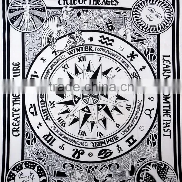 Indian Tapestry Cotton Bedding Bedsheet Cycle Of Ages Zodiac Print Wall Hanging Tapestries Throw Mandala Print photo-2