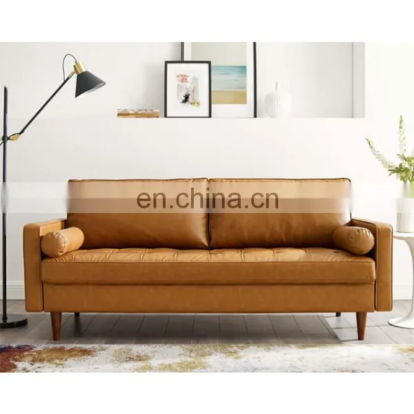 Tan Faux Leather 3-Seater Tuxedo Sofa With Square Arms photo-5