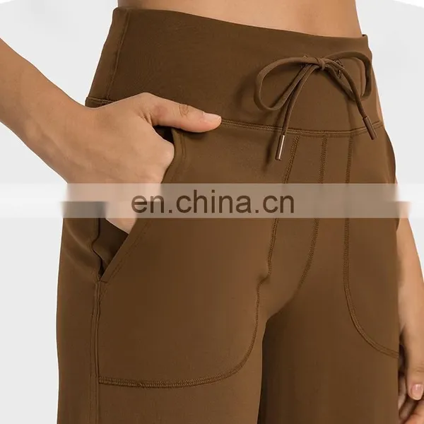 Wholesale Custom Loose Wide Leg Flared Yoga Pants Ladies Dance Gym Wear Drawstring With Side Pocket Leggings Trousers For Women photo-3