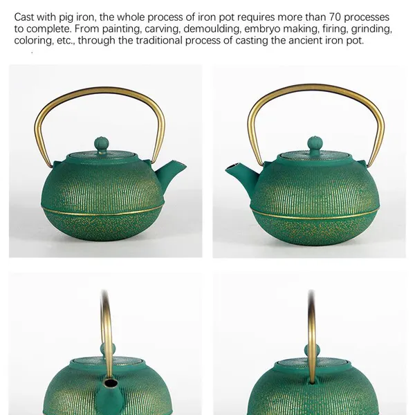 Personalized Golden Green Teaware Chinese Enamel Tea Sets Japanese Tetsubin Tea Kettle Cast Iron Teapot photo-4