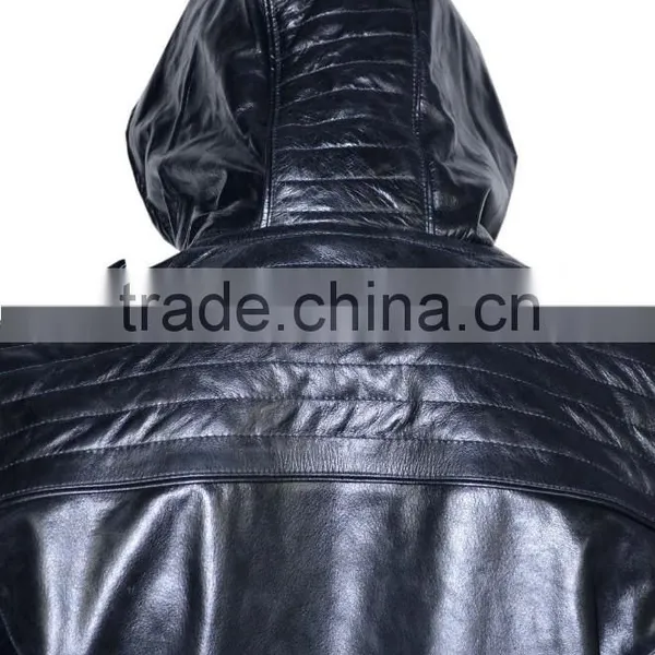 Black Hooded Leather Jacket for Men photo-5