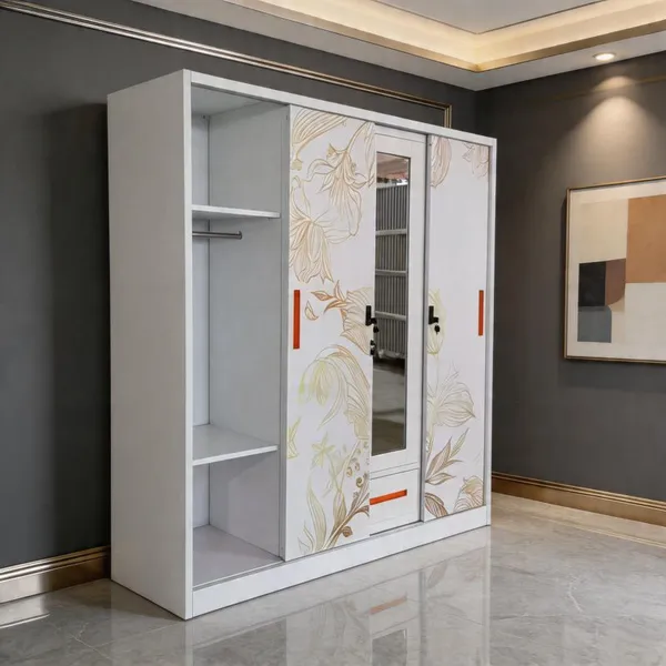  Export‑Oriented Flat‑pack Knock‑down Printed Steel Wardrobe 3/4‑Door Household Clothes Storage Cabinet Mirror & Drawers Custom Supported
