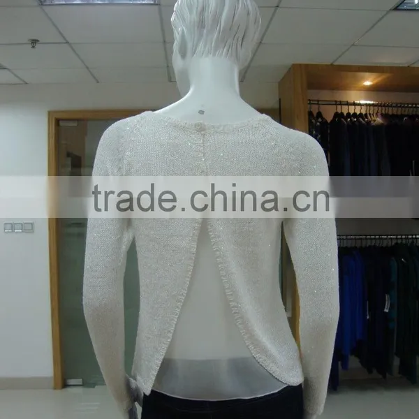 High Quality Fake 2 Piece Set Sequin Yarn Crew Neck Long Sleeve Sweater Back Panel Chiffon photo-4