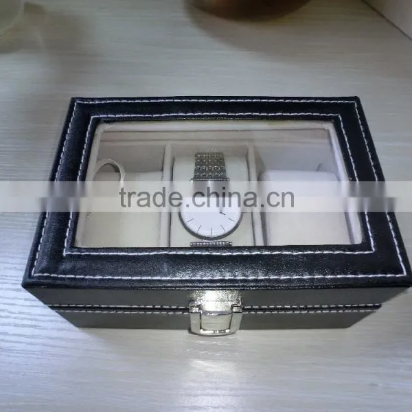 Luxury Black Leather Shadow Window Lid Watch Box Gift Box Lint Lock Front Black Jewelry Leather Box photo-5