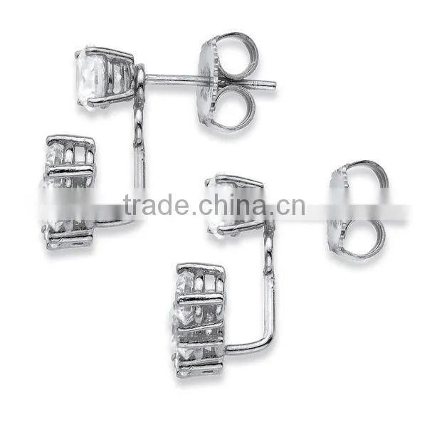 Fashion Sterling Silver Round Cubic Zirconia Adjustable Ear Jacket Stud Earrings photo-2
