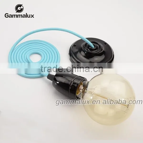 Popular Sale Black Ceramic Ceiling Rose Pan with Lamp Holder,Sky Blue Braided Wire