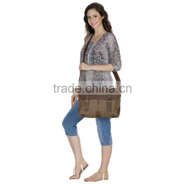 Vintage Leather Canvas Bag Leather Messenger Bag for College School Office photo-6