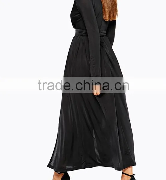 Plain Black Pleated Skirt Long Sleeve Deep v Evening Dress photo-2