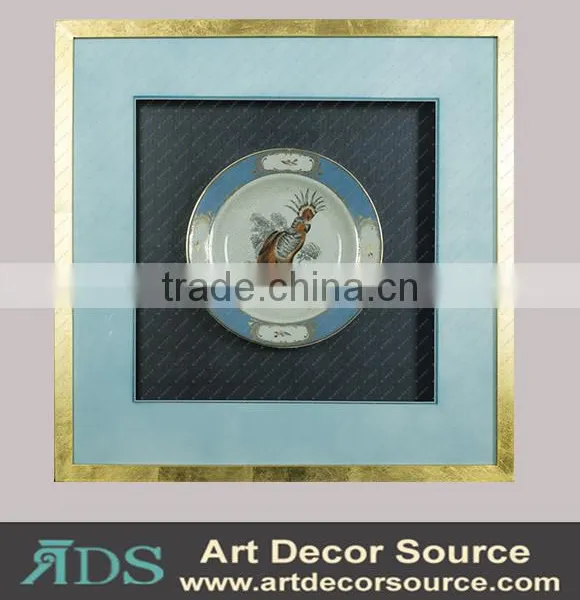 Gold Solid Wooden Frame Ceramic Plate Bird Pattern Shadow Box Wall Art