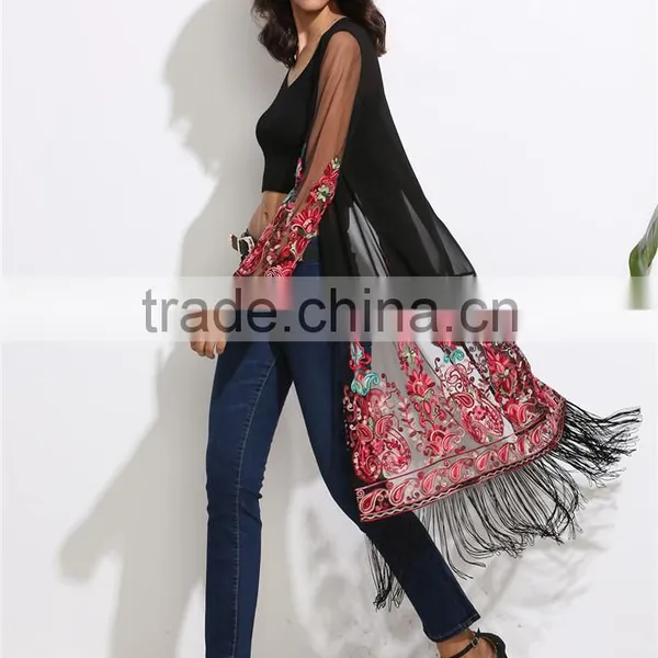 Women Long Sleeve Fashion Beachwear See Through Chiffon Long Fringe Mesh Kimono With Floral Print photo-4