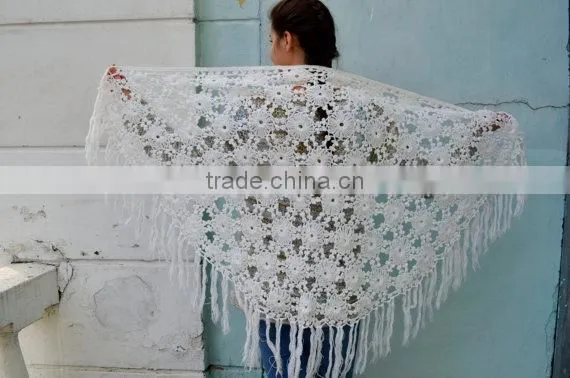 Vintage White Crochet Shawl, Soft Crochet Fringe Wrap, Wedding Shawl Wrap, Bride Shawl Ivory Wedding photo-2