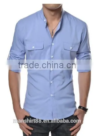 Men Casual Shirts Cotton Fabric Welcomed Men Chinese Collar Shirts photo-5