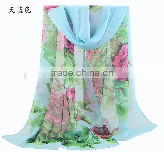 Fashion Women Chiffon Scarf Spring Summer Peony Flower Printing Elegant Lady Shawls Scarves photo-5