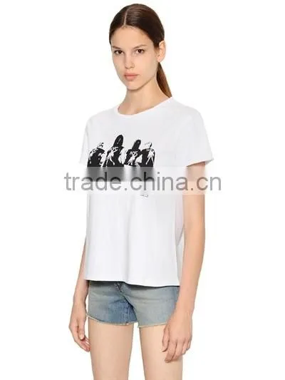 Womens Latest Design Collar Short Sleeve Printed T Shirts Ladies Silk Printing Sold Color Casual T Shirt photo-3