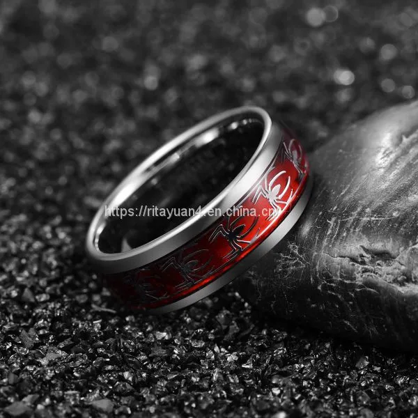 2019 NUNCAD 8mm Wide Inlaid Red Opal Paper + Spider Motif Tungsten Steel Men's Ring Wedding Band Tungsten Carbide Ring T227R photo-4
