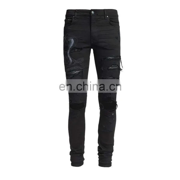 DiZNEW Guangzhou Factory Distressed Damage Embroidered Snakes Jeans Men photo-2
