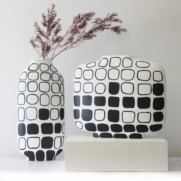 Minimalism Hand Paint White Black Stripe Grid Ceramic Flower Vase For Showroom Decor photo-3