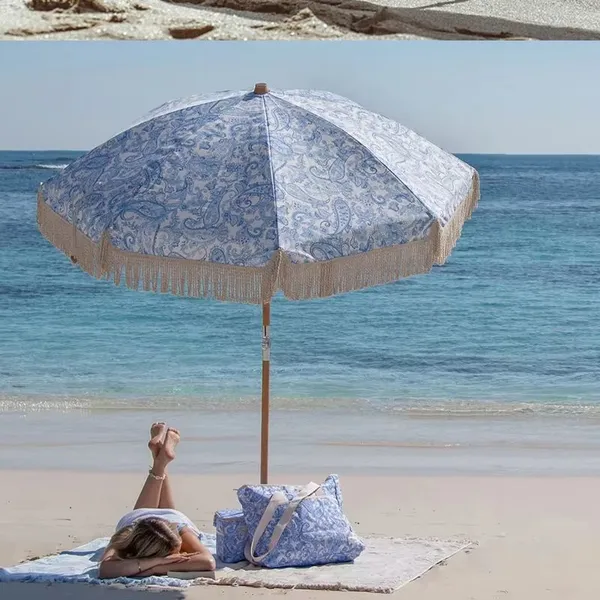 Wholesale 7FT Fringe Beach Umbrellas Outdoor Patio Umbrella OEM Customized UPF50+ Polyester With Aluminum Pole Windproof photo-2