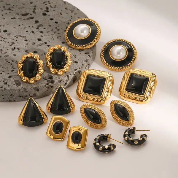 Vintage Stainless Steel Black Stone Stud Earrings Gold Plated Geometric Pearl Earrings Set Women Fashion Jewelry photo-5