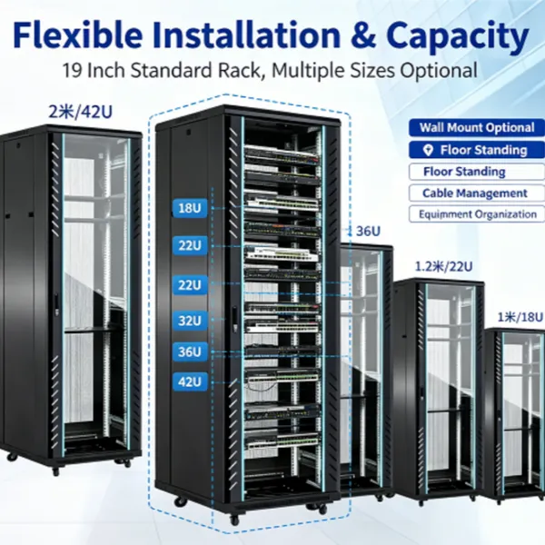 19 Inch Floor Standing Server Network Cabinet 18U 22U 32U 36U 42U, Metal Server Rack for Switch Amplifier Weak Current Communication Equipment
