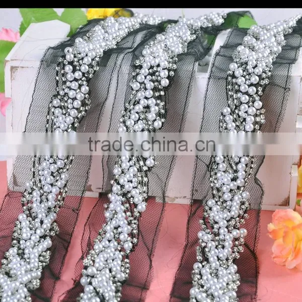 Handmade Fashion White Pearl Beaded Lace Trimmings for Dresses WTP-1335 photo-2