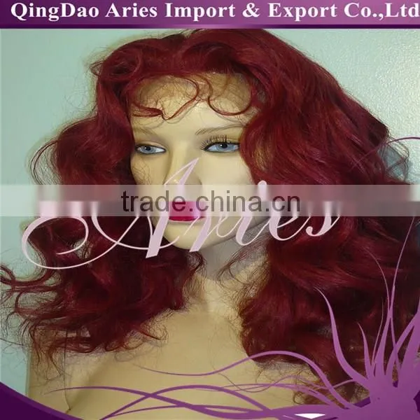 Human Hair Lose Wavy 99J Red Front Half Lace Hand-tied Wig