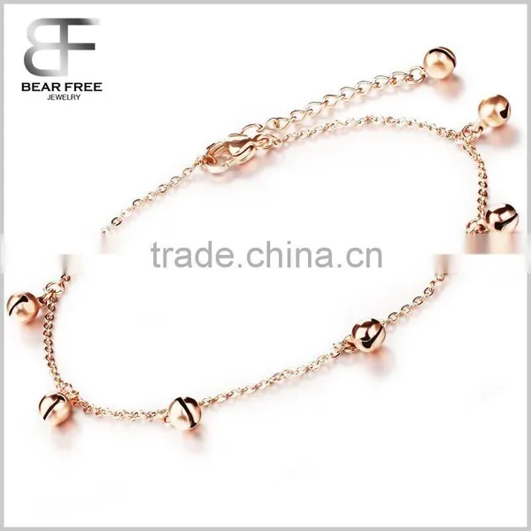 College Style Womens Link Ankle Bracelet Rose Gold Stainless Steel Ornaments Bell Charms Anklets