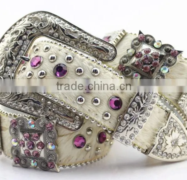 Cowgirl Purple Rhinestone Cross Crystal Studded Western Leather Hair Belts photo-3