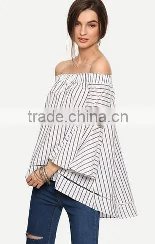 Women's Off The Shoulder Bell Sleeve Striped Blouse photo-4