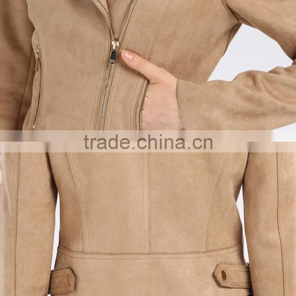 OEM/ODM Clothing Manufacturer High Quality Khaki Short Style Women Casual Suede Jacket With Turn Collar photo-3