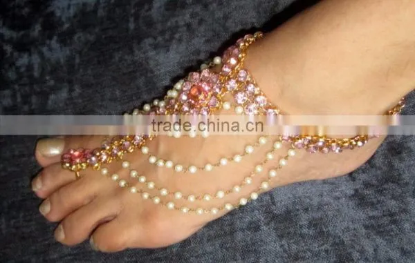 Gold Pink Crystal Pearl Anklets Toe Ring Barefoot Sandal PAYAL PAIR photo-2