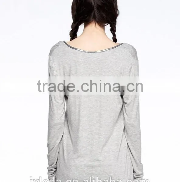 Slim Fit Women Gray Long Sleeve Large V-neck t Shirt photo-4