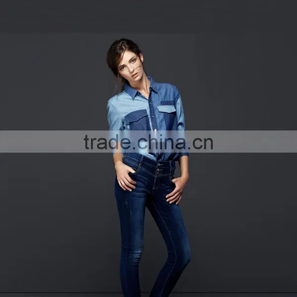Hot Sale Women Denim Shirt With Pocket and Block Fashion Design Hot Sale photo-4
