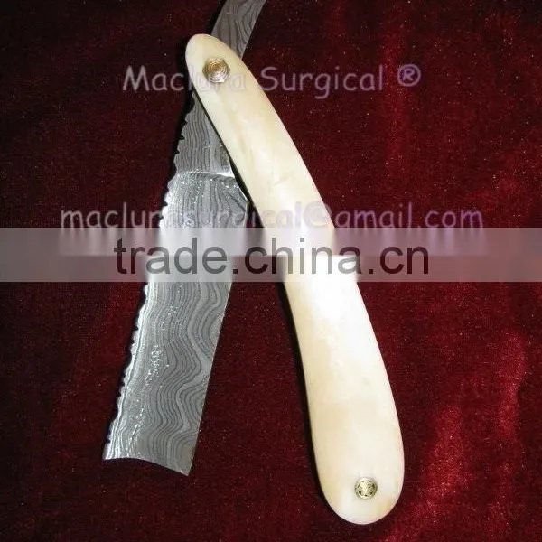 Professional Damascus Steel Barber Razor , Camel Bone Scale Damascus Razor photo-3