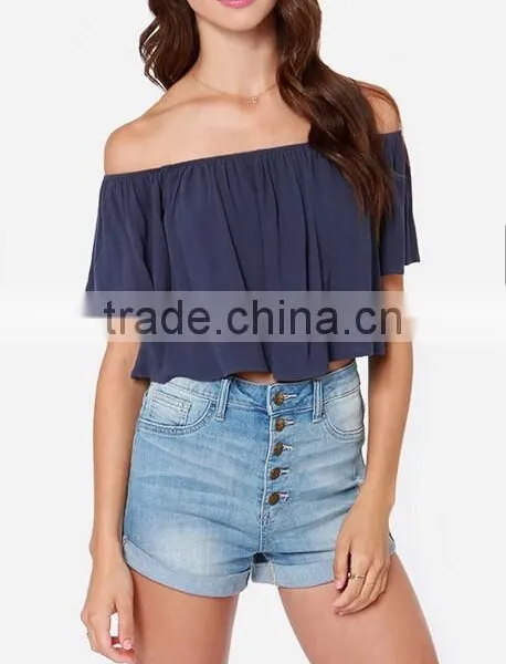 2017 Wholesale Womens Custom off Shoulder Ruffle Top Solid Color photo-2