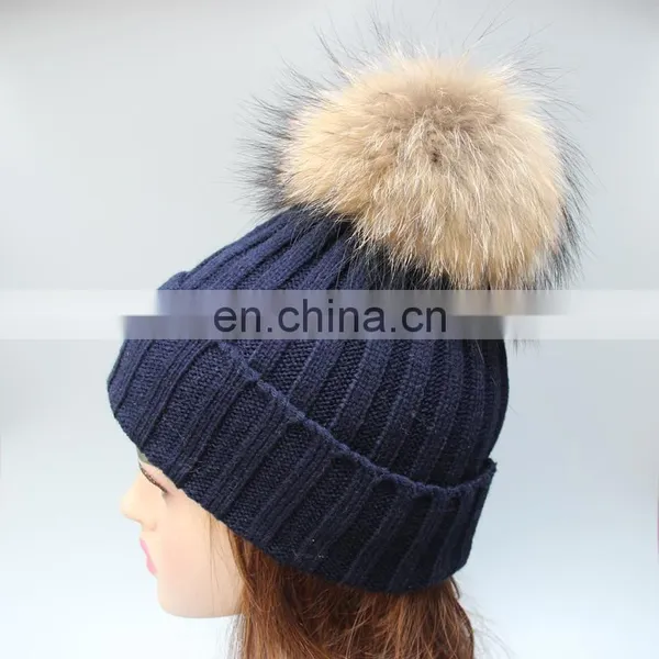 Fluffy Large Fur Pompom Hats Real Raccoon Fur Knitted Hats Wholesale Winter Hats photo-3