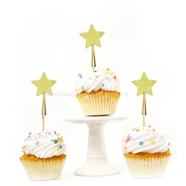 Christmas Gold Star Picks With Tassel Glitter Cupcake Cake Fruit Toppers Sticks photo-2