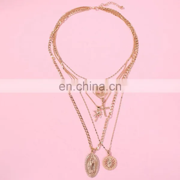 Fashion Metal Chain Pendant Necklace for Women Vintage Heart Cross Coin Lock Collar Multilayer Gold Necklace Choker Jewelry/ photo-5