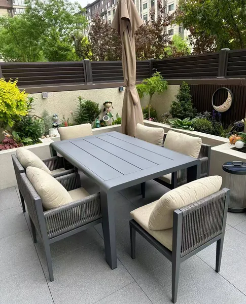 6-Seater Aluminum Outdoor Dining Table Chair Set, Waterproof Rope Woven Patio Furniture With Quick Dry Cushions for Garden Villa Terrace Restaurant