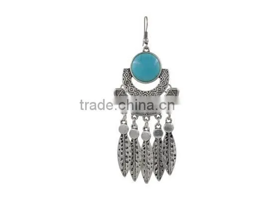 New Summer Style Ginasy Silver Geometry Turquoise Leaf Drop Tassels Dangle Earrings photo-2