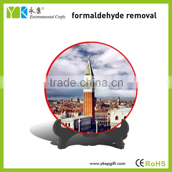 wooden craft plate decoration fine activated carbon carving crafts with Small high-rise buildings under the blue sky