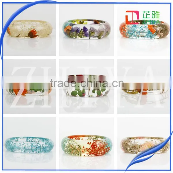 ZHIYA 2016 Series Fashion Clear Resin Bangle Cloud Effect With Real Dried Yellow Chrysanthemum Flowers Gold Foil photo-5
