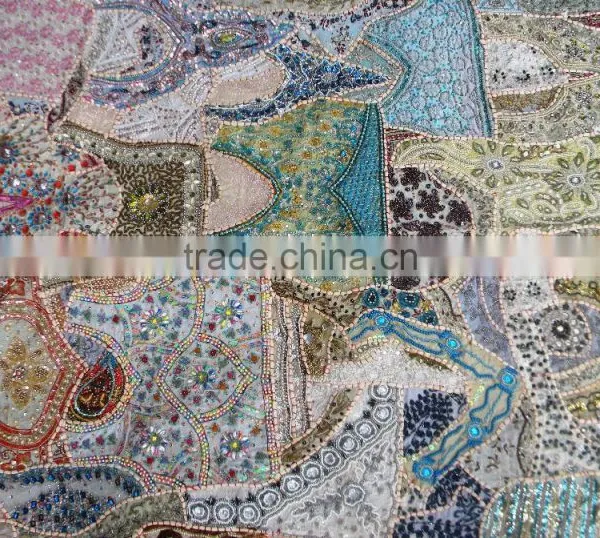 Indian Colorful Retro Tapestry Textile Pattern With Floral Ornament With Pearl & Beads Work photo-2