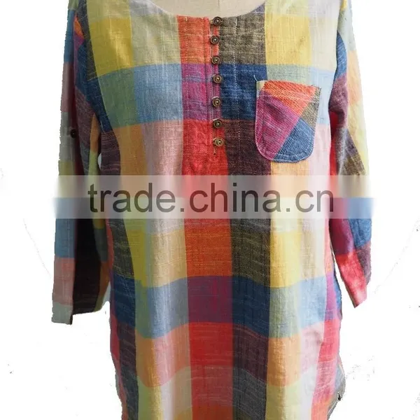 Check Plaid Hemp Ramie Cotton With Chest Pocket Top Blouse Tunic Dress