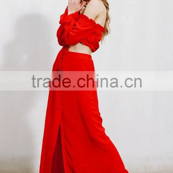 New Design 2017 Summer Two Piece Set Party Sexy Dress Women Vintage Club Off Shoulder Chiffon Red Long Maxi Dress photo-3